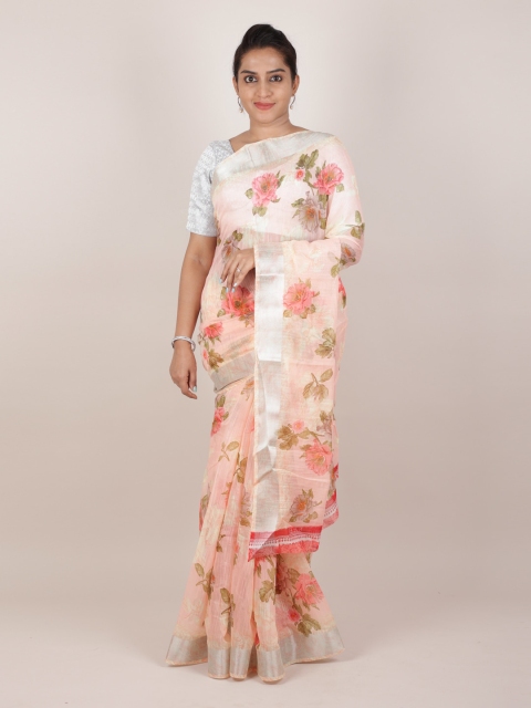 Pothys Peach-Coloured & Pink Jute Silk Woven Design Saree