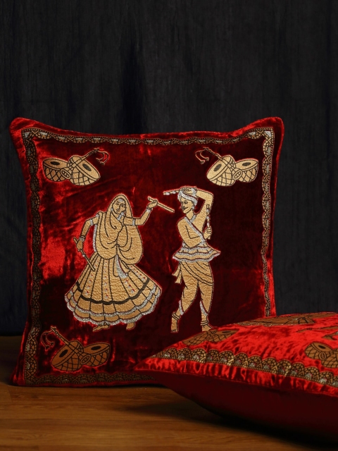 HOSTA HOMES Maroon & Beige Set of 2 Ethnic Motifs Square Cushion Covers