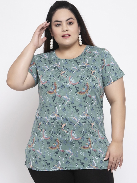plusS Women Sea Green Printed Round Neck T-shirt