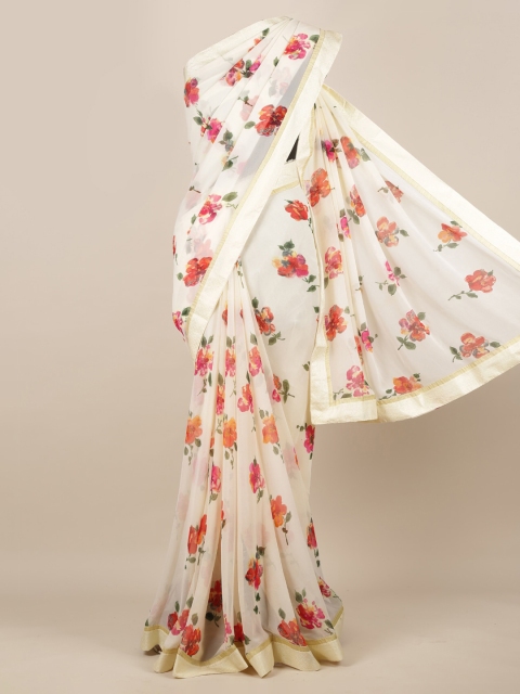 Pothys Cream-Coloured Floral Printed Poly Chiffon Saree