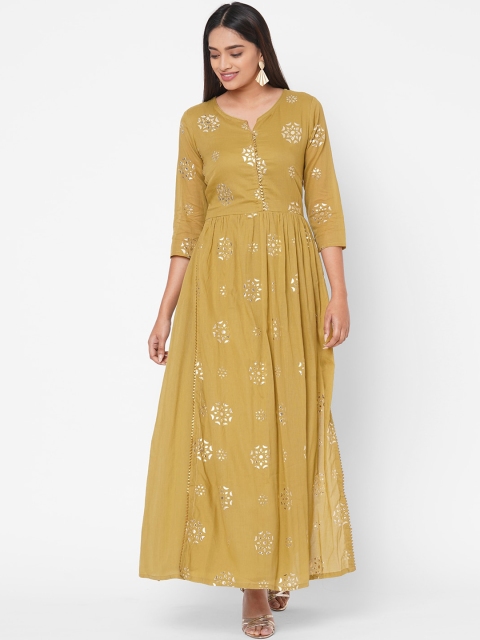 Vedic Women Mustard Yellow & Silver-Toned Ethnic Motifs Printed Thread Work Kurta
