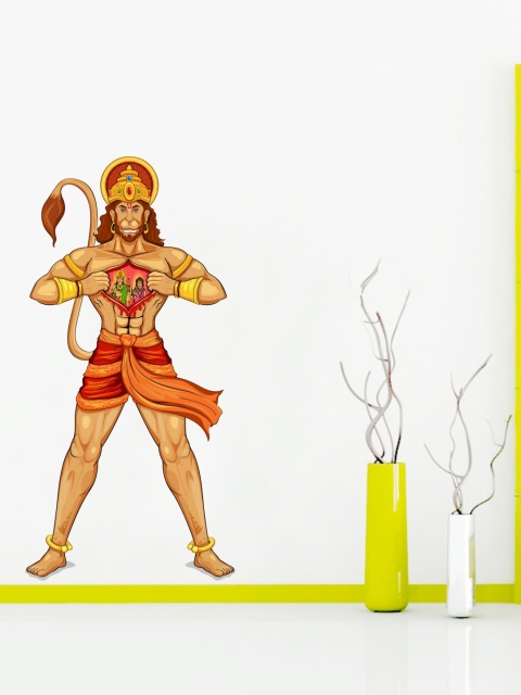 rawpockets Beige & Orange Lord Ram & Sita On Hanuman's Heart Wall Sticker