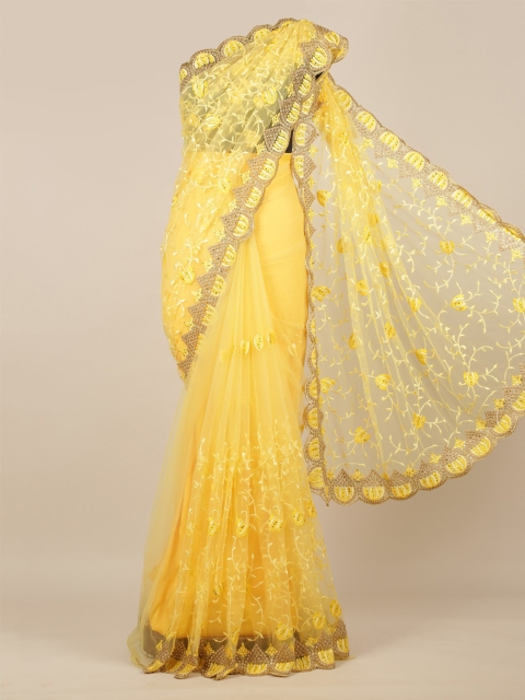 Pothys Yellow Embroidered Net Saree