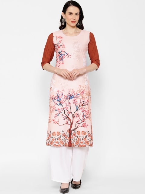 7Threads Women Brown Floral Printed Thread Work Crepe Kurta