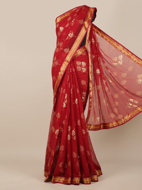 Pothys Maroon Woven Design Poly Chiffon Saree