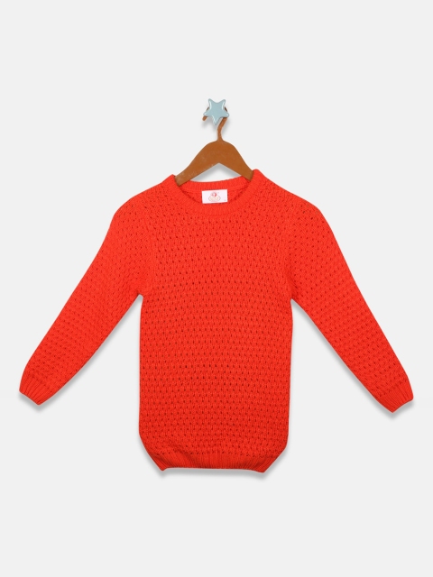 OWM Girls Orange Self Design Pullover Sweater