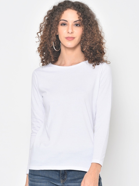 Hapuka Women White Slim Fit Solid Round Neck Cotton T-shirt