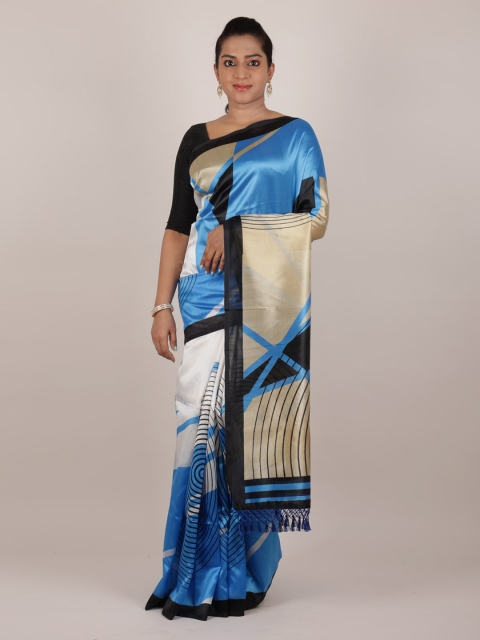 Pothys Blue Printed Jute Silk Saree