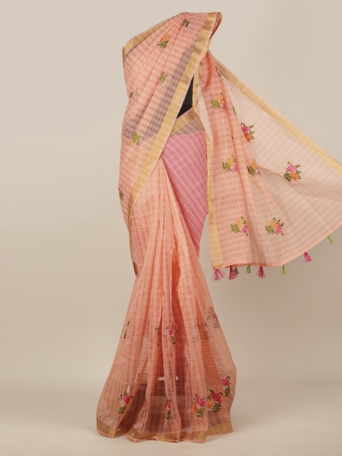 Pothys Peach-Coloured Checked Jute Silk Saree