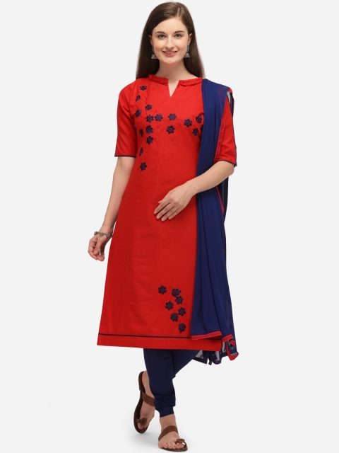 mf Red & Navy Blue Cotton Blend Unstitched Dress Material