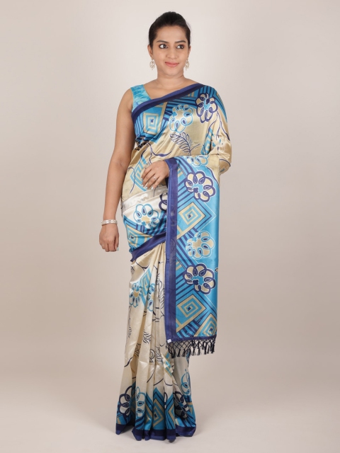 Pothys Blue & Beige Jute Silk Printed Saree