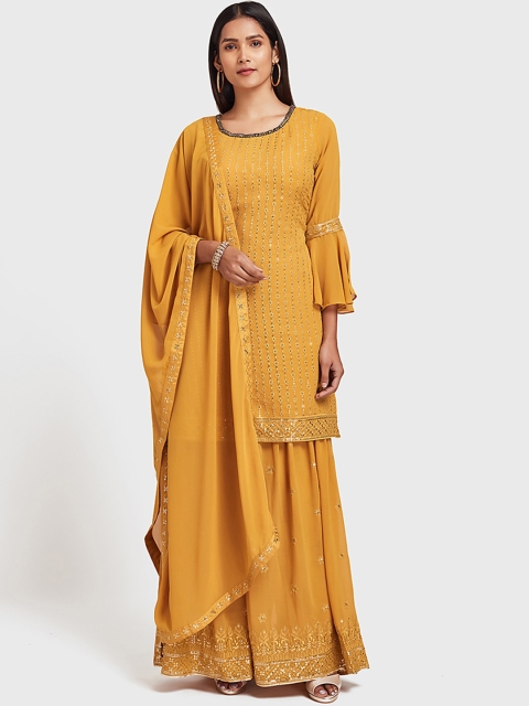 Neerus Women Mustard Yellow Striped Kurta with Sharara & Dupatta