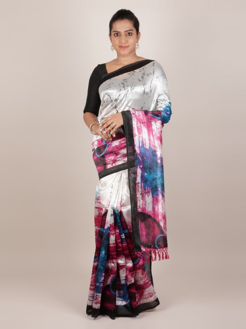 Pothys White & Pink Jute Silk Printed Saree