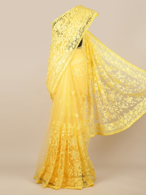 Pothys Yellow Embroidered Net Saree