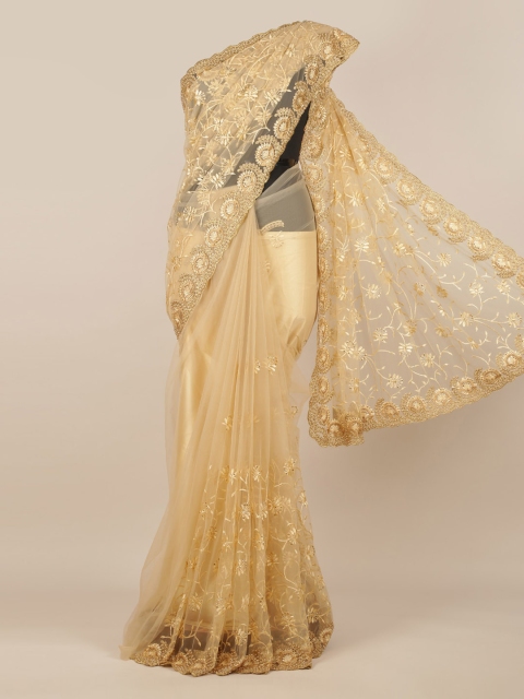 Pothys Cream-Coloured Embroidered Net Saree