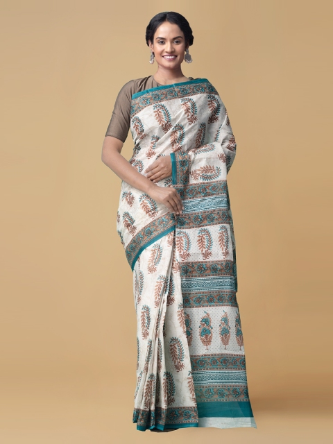 Unnati Silks White & Brown Pure Cotton Printed Kovai Handloom Sustainable Saree
