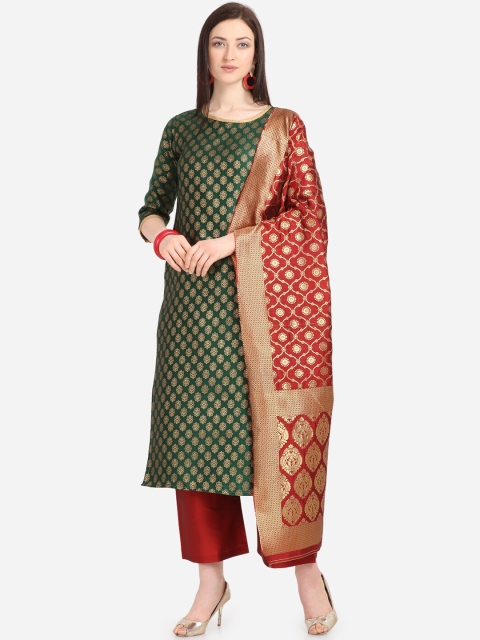 Satrani Green & Red Poly Silk Unstitched Dress Material