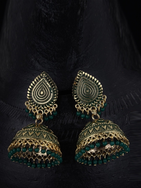 ANIKAS CREATION Green & Gold-Plated Dome Shaped Jhumkas