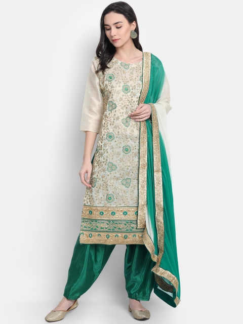 7Threads Beige & Green Raw Silk Semi-Stitched Dress Material