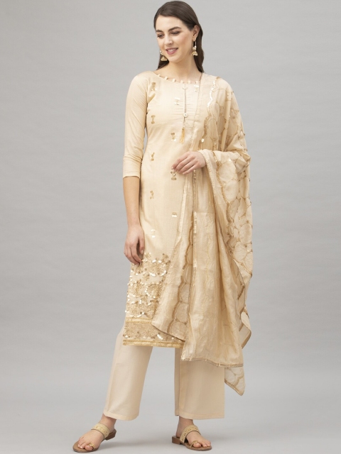 Satrani Cream-Coloured & Gold-Toned Embellished Unstitched Dress Material