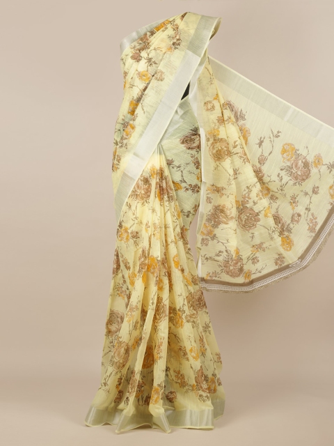 Pothys Yellow Printed Jute Silk Saree