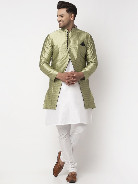 Benstoke Men White & Green Self-Design Sherwani Set