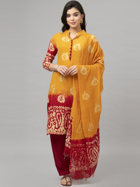 Satrani Mustard & Maroon Pure Cotton Unstitched Dress Material