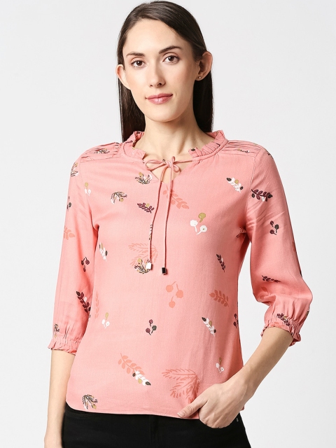 Kraus Jeans Peach-Coloured Floral Printed Tie-Up Neck Puff Sleeves Top