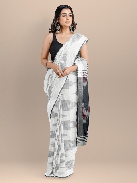 BharatSthali White & Grey Pure Cotton Printed Ikat Handloom Saree