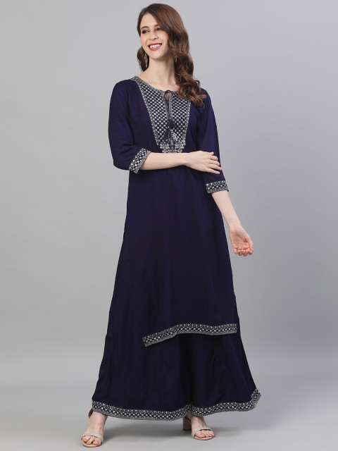Ishin Women Navy Blue Yoke Design Kurta with Sharara