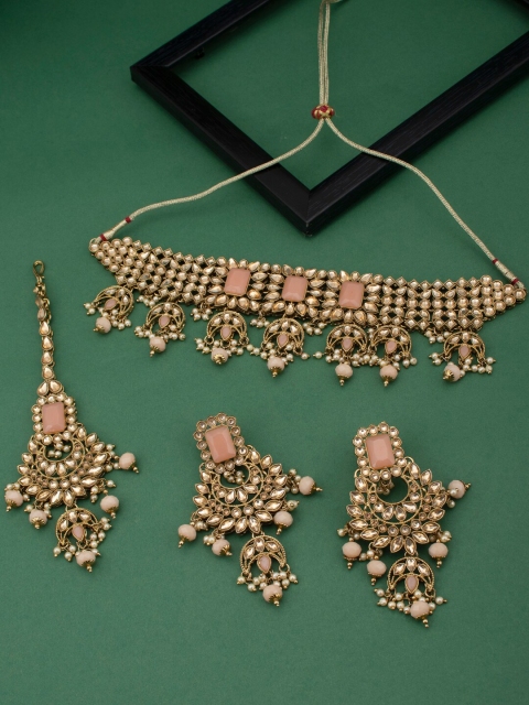 Sukkhi LCT Gold-Plated Peach-Coloured Stone-Studded Pearl Beaded Jewellery Set
