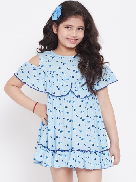 Stylo Bug Girls Blue Printed A-Line Dress