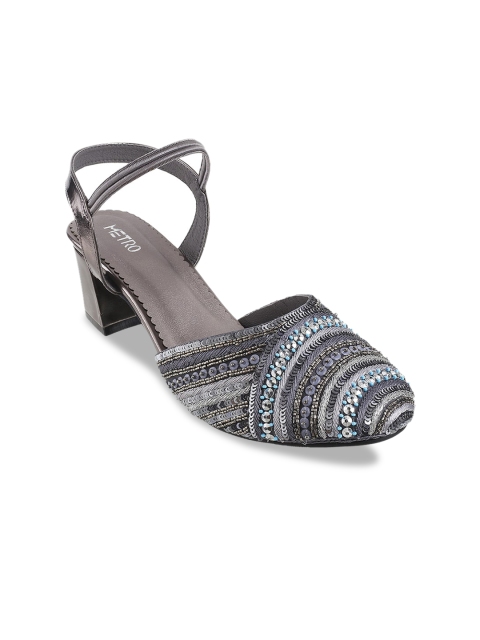 Metro Women Grey Embellished Block Heels