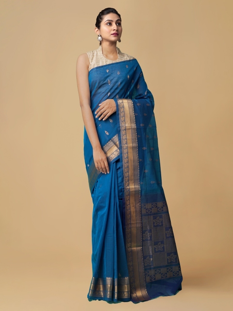 Unnati Silks Blue Pure Cotton Woven Design Garad Handloom Saree