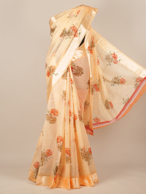 Pothys Orange Printed Jute Silk Saree