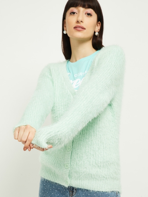 max Women Sea Green Ribbed Cardigan Sweater
