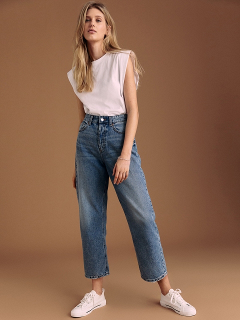 H&M Women Blue Solid Straight High Ankle Jeans