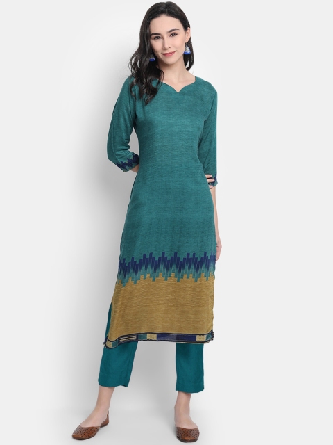 7Threads Women Teal Blue & Yellow Colourblocked Kurta