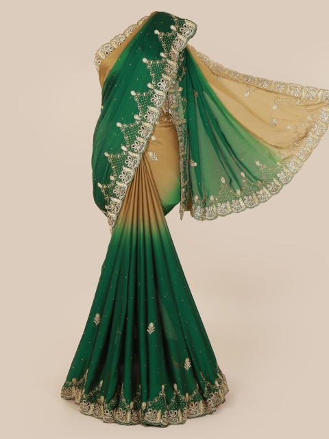 Pothys Green & Beige Pure Georgette Embellished Saree