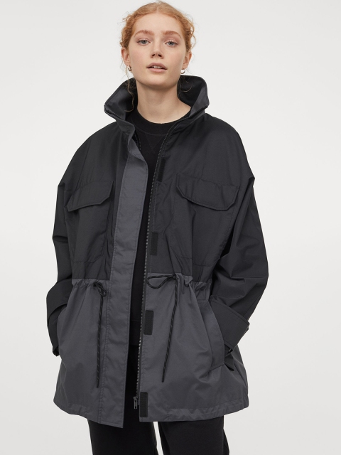 H&M Women Black & Grey Loose Fit Parka