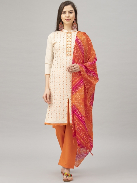 Satrani Cream-Coloured & Yellow Pure Cotton Unstitched Dress Material
