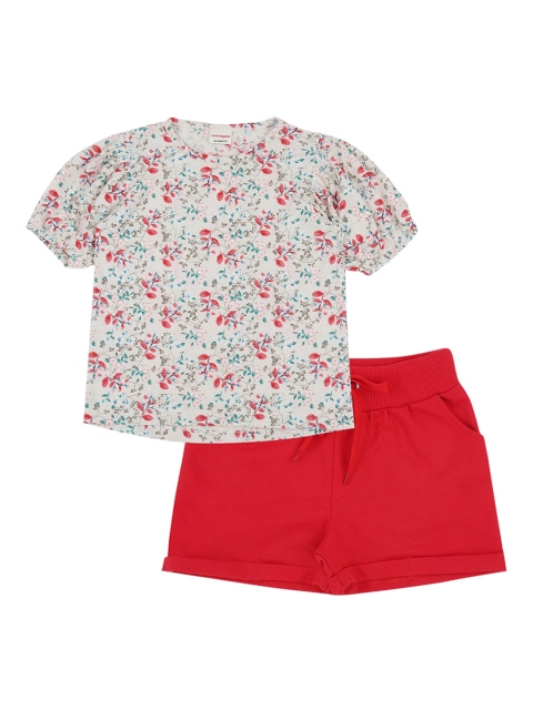 RAINE AND JAINE Girls Off-White & Red Printed T-shirt with Shorts