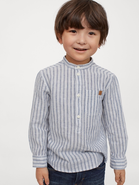 H&M Boys Blue & White Striped Linen-blend Grandad Shirt