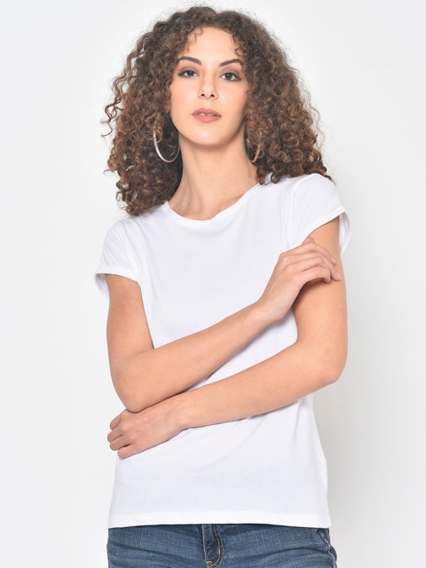 Hapuka Women White Solid Round Neck T-shirt