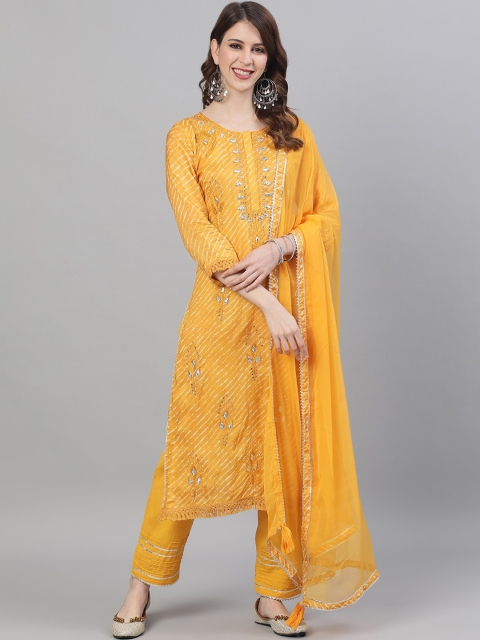 Ishin Women Mustard Yellow Embroidered Kurta with Trousers & Dupatta