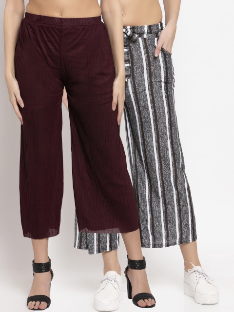 KLOTTHE Women Pack of 2 Striped Wide Leg Palazzos, Grey