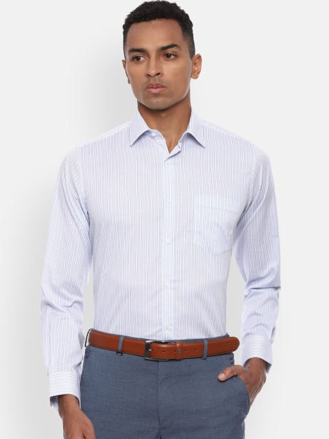 Van Heusen Men White & Blue Regular Fit Striped Formal Shirt