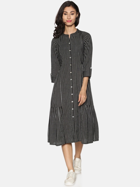 Saffron Threads Women Black Striped Fit and Flare Dress