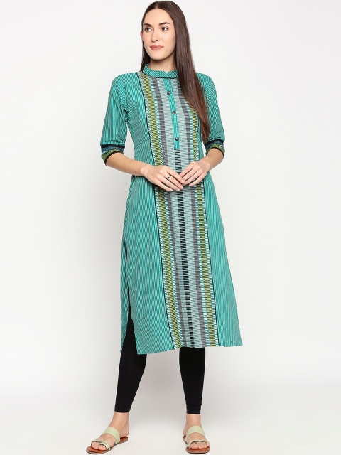 SALWAR STUDIO Women Green Striped Handloom Kurta