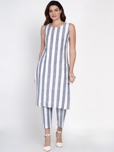 FABNEST Women Blue Striped Handloom Kurta